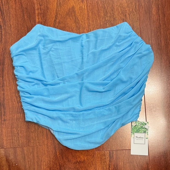 None Tops - Blue Ruched Strapless Top